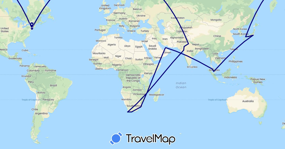 TravelMap itinerary: driving in United Arab Emirates, India, Japan, Malaysia, United States, South Africa (Africa, Asia, North America)